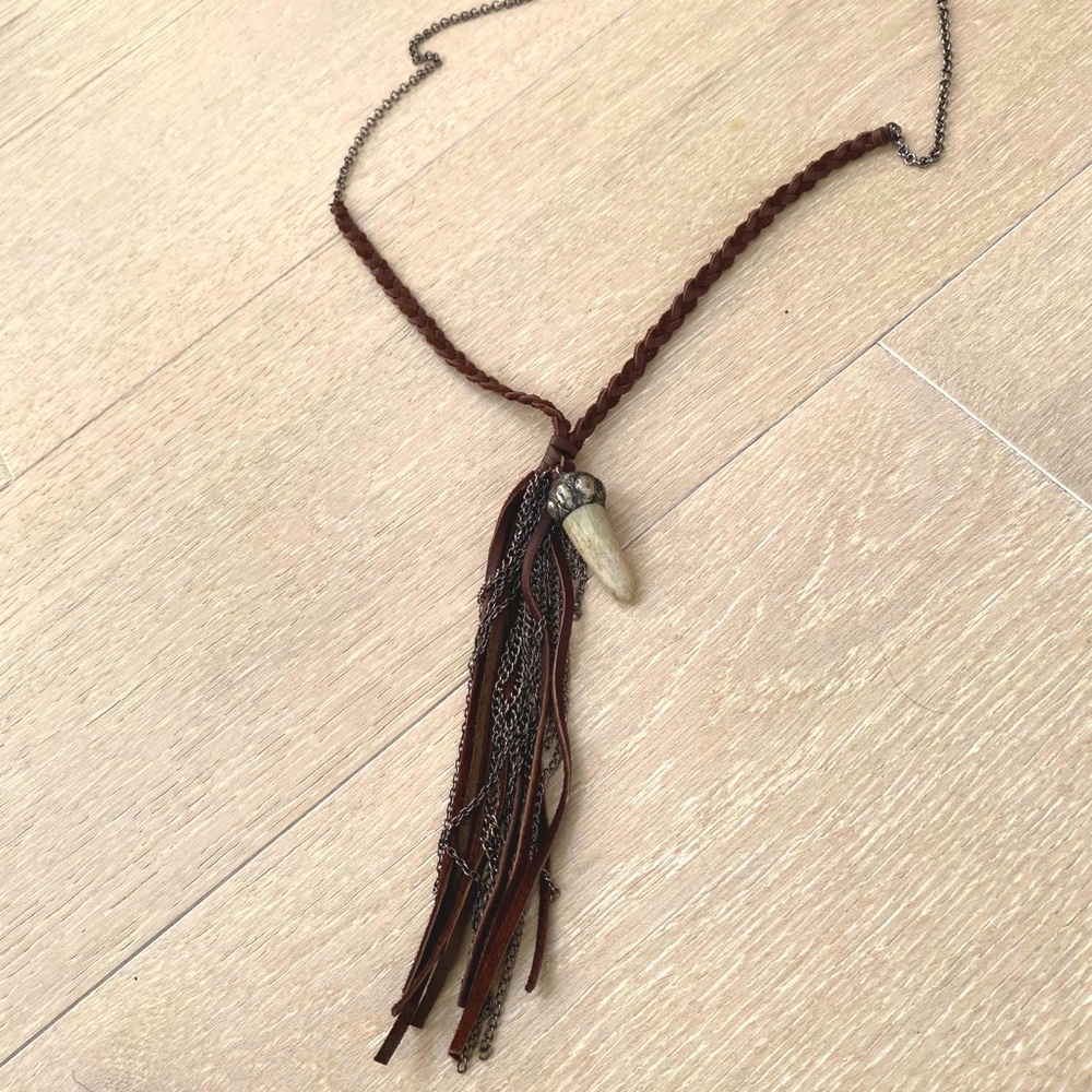 Boho / Tribal Leather Fringe And Chain Necklace